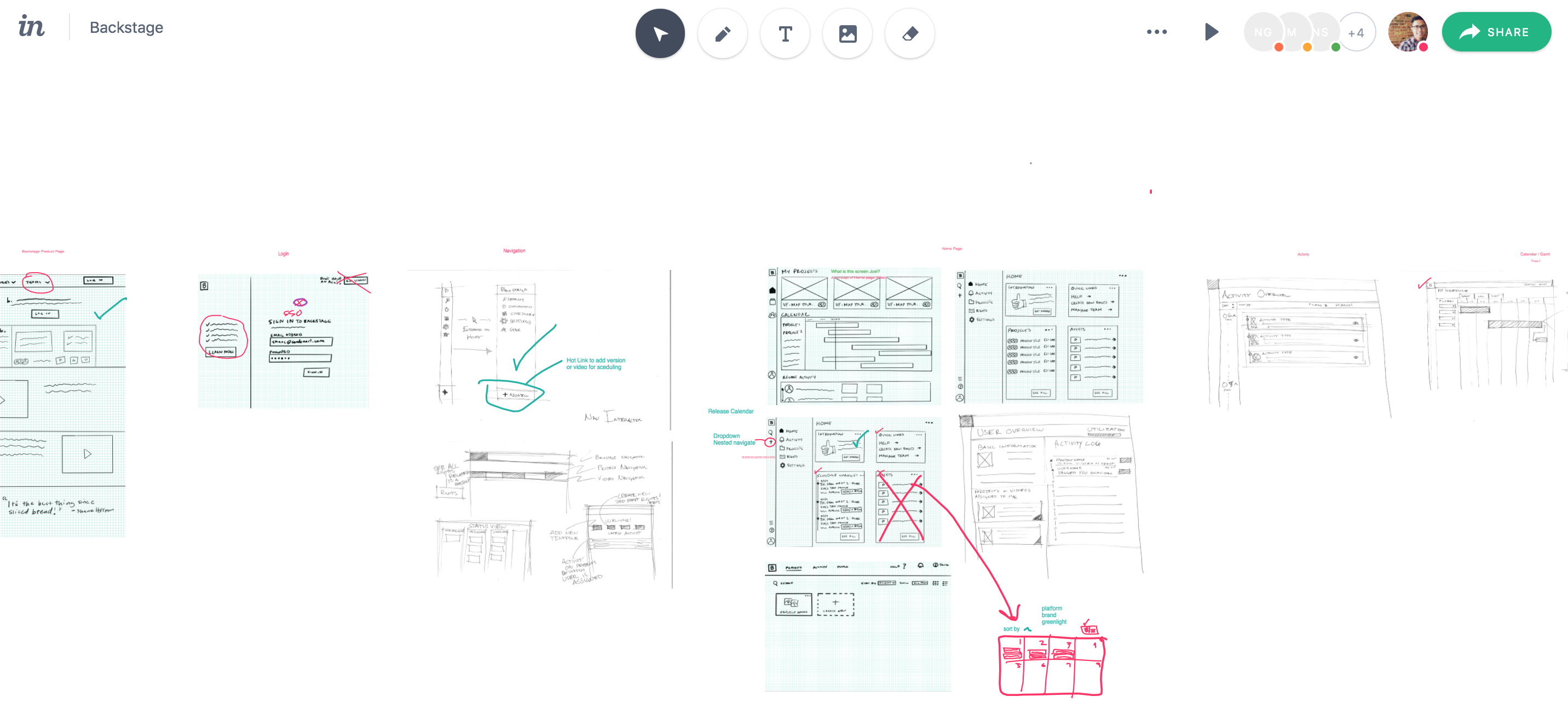 Backstage lo-fidelity wireframe exploration in InVision — multiple layout approaches